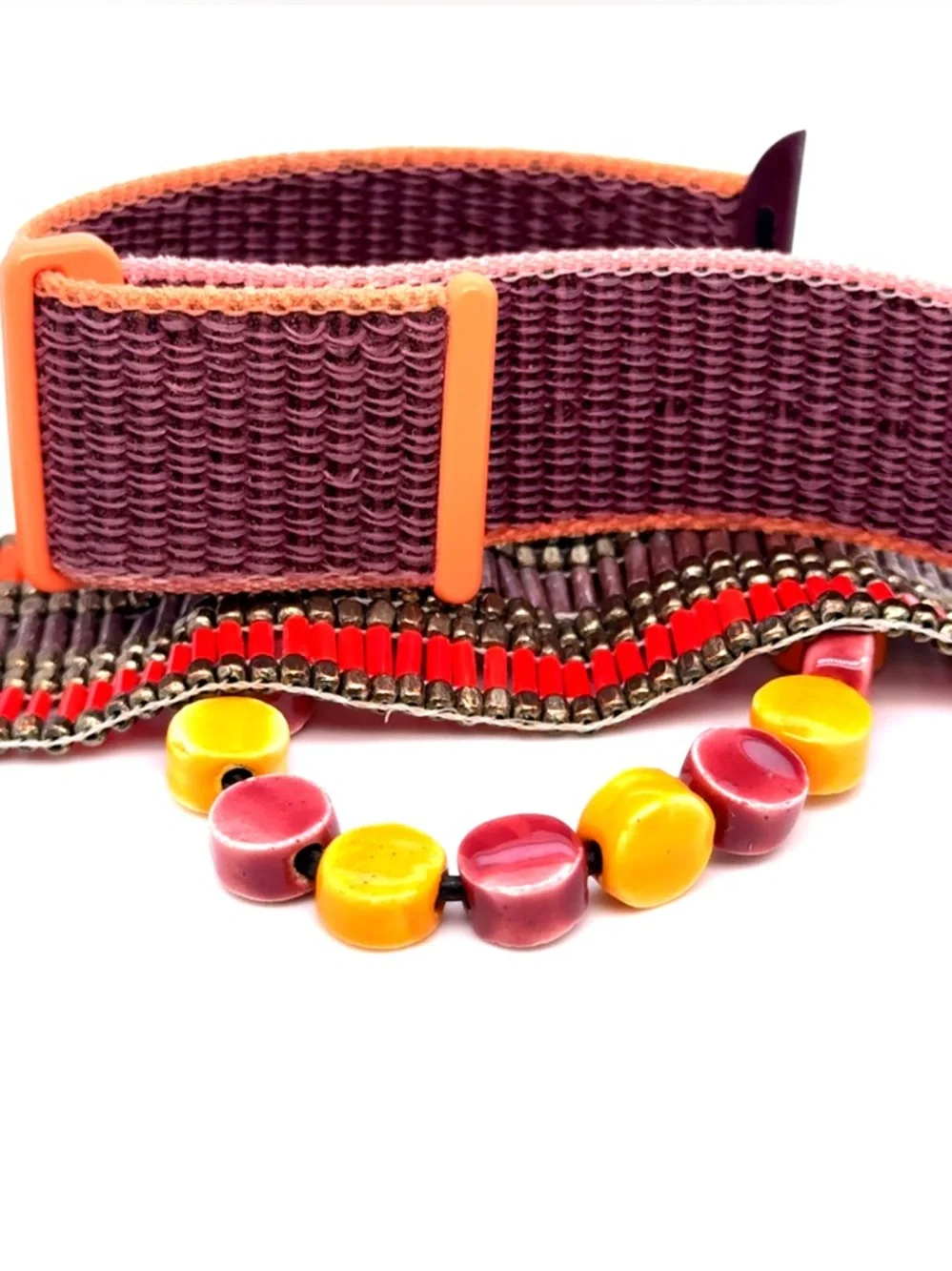 Boho Beaded Multistrand Bracelet and Watch Band‎ in Plum and Mustard (E5)